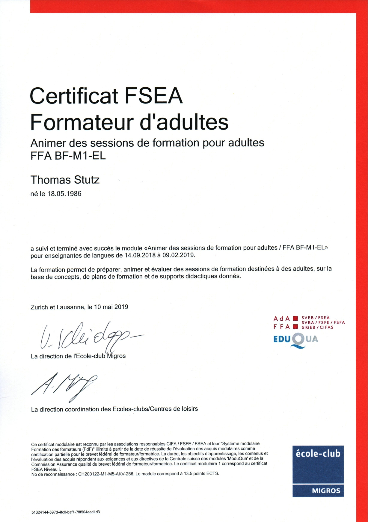Certificat officiel de qualification de Thomas Stutz pour l’enseignement de l’allemand